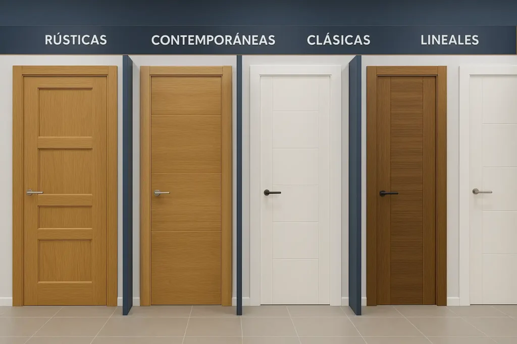 Zona de exposición de puertas con múltiples modelos y estilos organizados